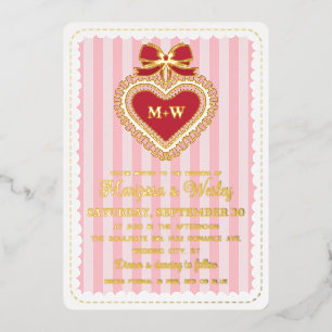 Kokette Hochzeit mit roten rosa gerüschten Herzen Folieneinladung