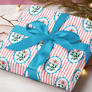 Kokette Mistelzweig-Rote-Schleife-Weihnachts-Strei Geschenkpapier