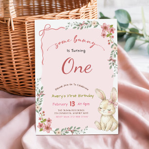 Kokette rosa Schleifen-Häschen Blumen-Hase 1. Gebu Einladung