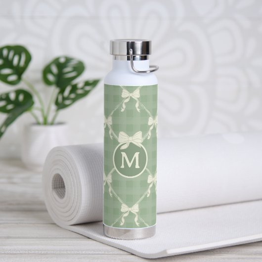 Kokette Schleifen Gingham Monogramm Creme Salbeigr Trinkflasche (Yoga)