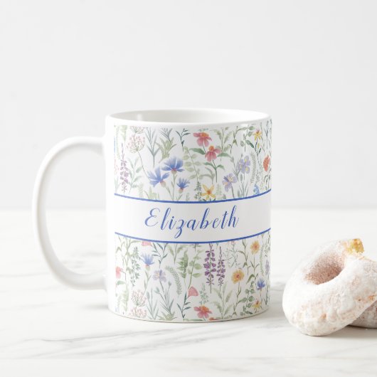 Kokette Wildblumenwiese Personalisiert Blau Kaffeetasse (Mit Donut)