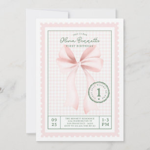 Koketten-Rosa-Gingham-Schleife Foto zum ersten Geb Einladung