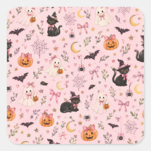 Koketten-Rosa-Halloween-Geist-Schwarze-Katze-Kürbi Quadratischer Aufkleber