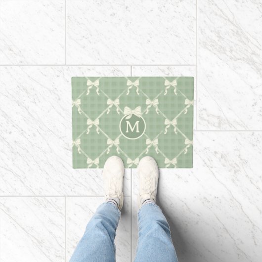 Koketten Schleifen Gingham Monogramm Creme Salbei Fußmatte (Indoor)