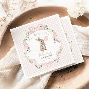 Koketten-Schleifen-Häschen Rosa Gingham 1. Geburts Serviette
