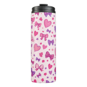 Koketten-Stil Rosa Lila Schleife & Herz Muster Thermosbecher