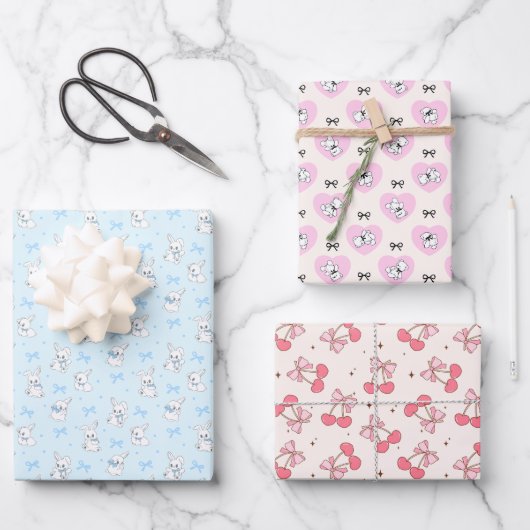 Koketter Bogen-Hasen-Bär-Kirsche Geschenkpapier Set (Vorderseite)