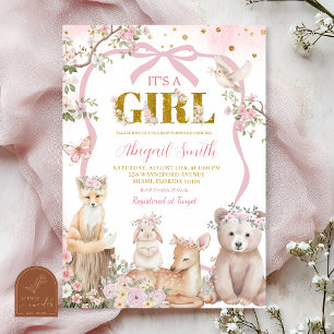 Koketter rosa Bogen Waldtiere Baby Shower Einladung