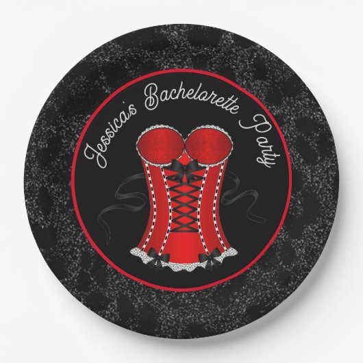 Kokettes Rotkorsett Pappteller (Vorderseite)