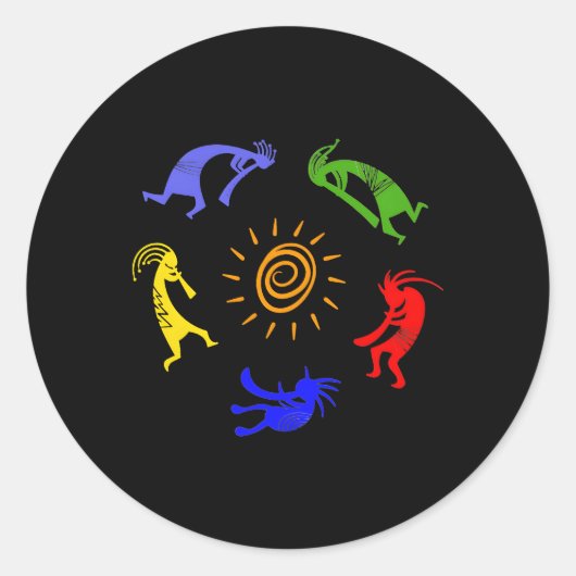 Kokopelli Colorful Sun Tancing Musicians Fortune Runder Aufkleber (Vorderseite)