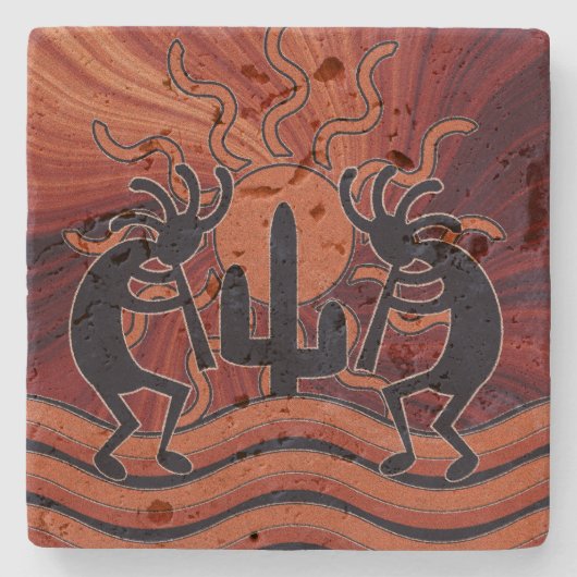 Kokopelli Desert Sun Cactus Rustic Südwest Steinuntersetzer (Vorderseite)
