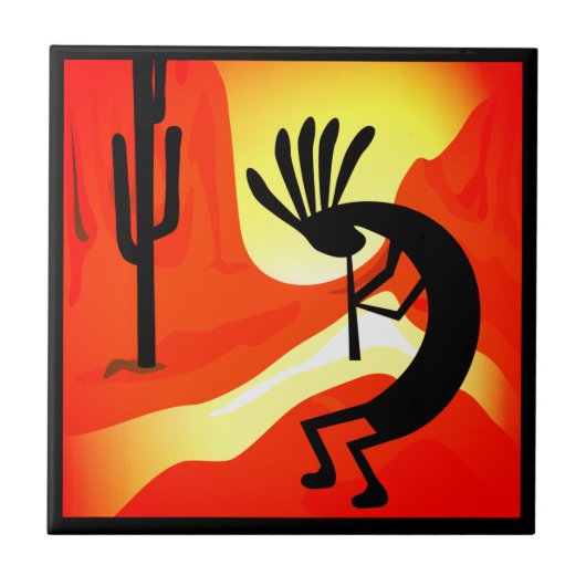 Kokopelli Desert Sunset Keramik Tile Fliese (Vorderseite)