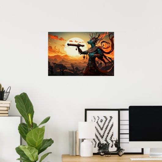 Kokopelli, die in felsigen Wüstenbergen Flute spie Poster (Heimbüro)