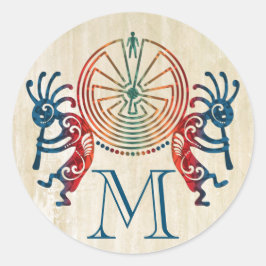 KOKOPELLI / MAN IN DER MAZE + Ihr Monogramm Runder Aufkleber
