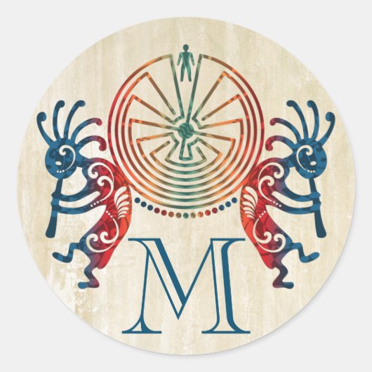 KOKOPELLI / MAN IN DER MAZE + Ihr Monogramm Runder Aufkleber (Vorderseite)