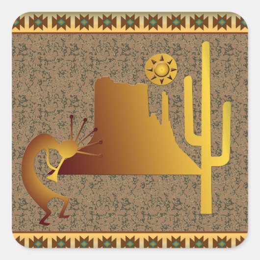 Kokopelli Mesa & Cactus Set #1 Quadratischer Aufkleber (Vorderseite)