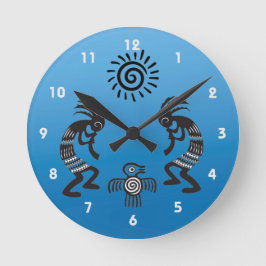 Kokopelli mit Indianersonne und Indianervogel Runde Wanduhr