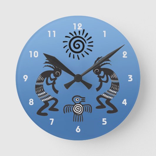 Kokopelli mit Indianersonne und Indianervogel Runde Wanduhr (Vorderseite)
