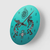 Kokopelli mit Indianersonne und Indianervogel Runde Wanduhr (Winkel)