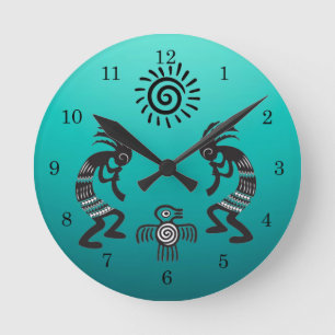 Kokopelli mit Indianersonne und Indianervogel Runde Wanduhr