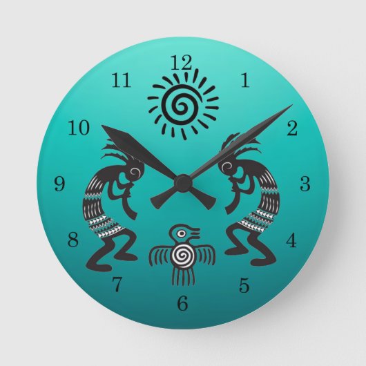Kokopelli mit Indianersonne und Indianervogel Runde Wanduhr (Vorderseite)
