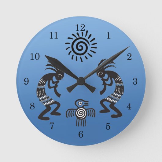 Kokopelli mit Indianersonne und Indianervogel Runde Wanduhr (Vorderseite)