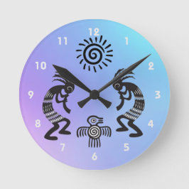 Kokopelli mit Indianersonne und Indianervogel Runde Wanduhr