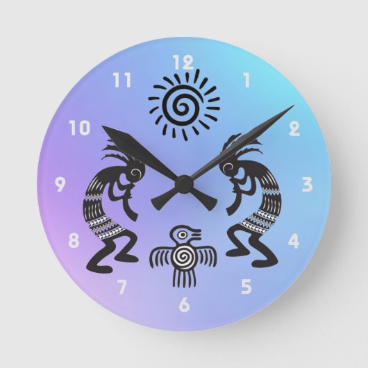 Kokopelli mit Indianersonne und Indianervogel Runde Wanduhr (Vorderseite)