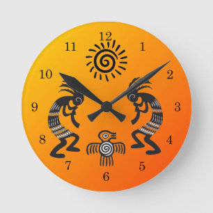 Kokopelli mit Indianersonne und Indianervogel Runde Wanduhr