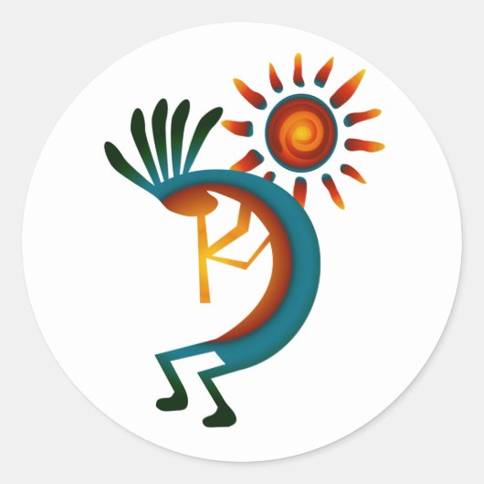 Kokopelli mit Sun 3" Klassischer Rundaufkleber Runder Aufkleber (Vorderseite)