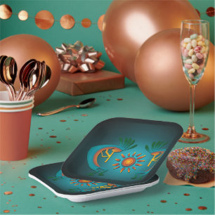 Kokopelli mit Sun Aquamarin Design 7" Sq Paper Tel Pappteller