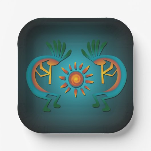Kokopelli mit Sun Aquamarin Design 7" Sq Paper Tel Pappteller (Vorderseite)