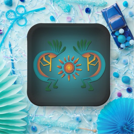 Kokopelli mit Sun Aquamarin Design 9" Sq Pappteller (Party)
