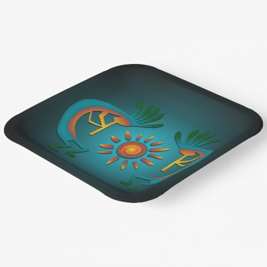 Kokopelli mit Sun Aquamarin Design 9" Sq Pappteller (Gewinkelt)