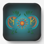 Kokopelli mit Sun Aquamarin Design 9" Sq Pappteller (Vorderseite)