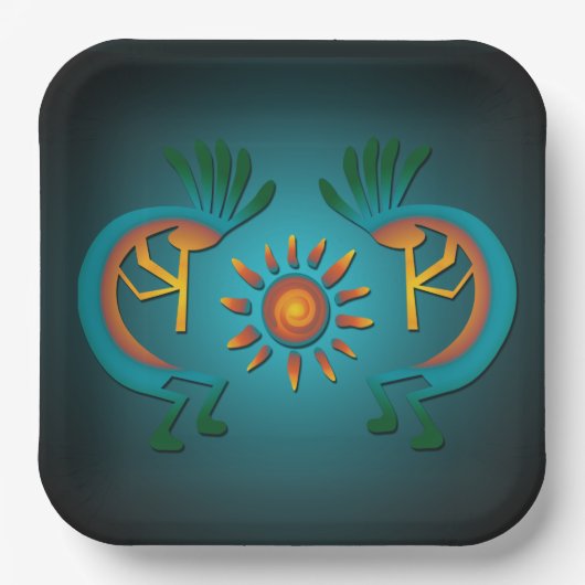 Kokopelli mit Sun Aquamarin Design 9" Sq Pappteller (Vorderseite)
