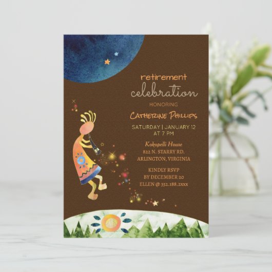 Kokopelli Music for Retirement Party Einladung (Stehend Vorderseite)