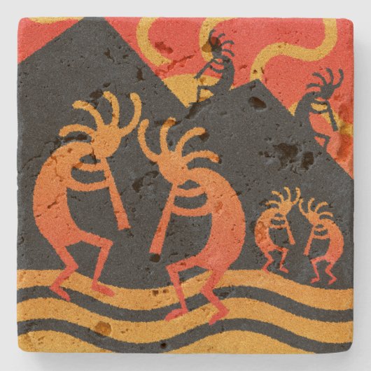 Kokopelli Southwest Sunset Rustic Travertine Steinuntersetzer (Vorderseite)