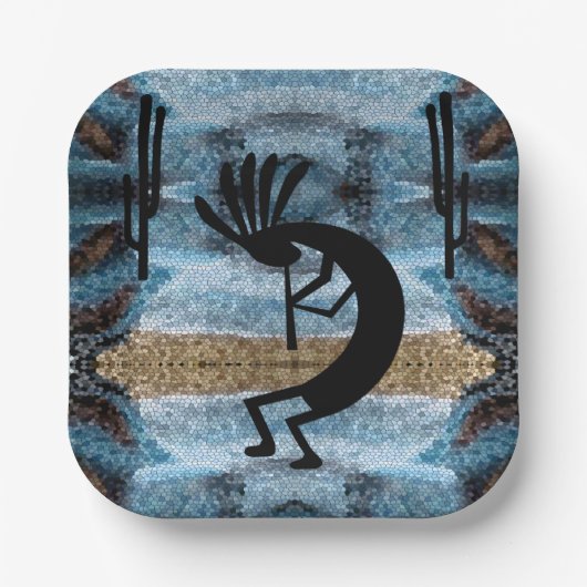 Kokopelli Southwest Wüste Mosaic Blue 7" Pappteller (Vorderseite)