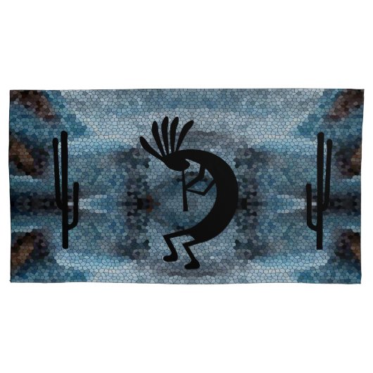 Kokopelli Southwest Wüste Mosaic Blue King Kissenbezug (Vorderseite)