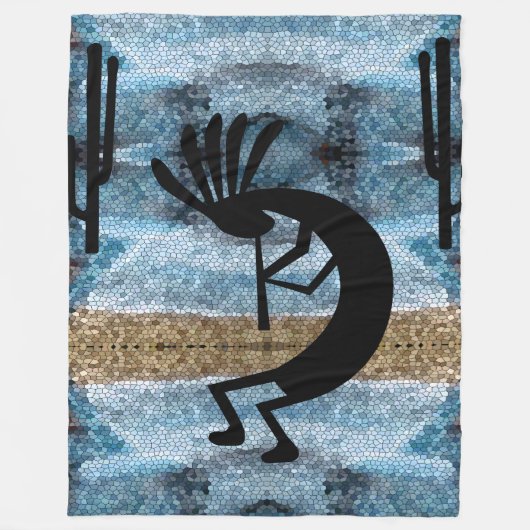 Kokopelli Southwest Wüste Mosaic Blue Large Fleecedecke (Vorderseite)