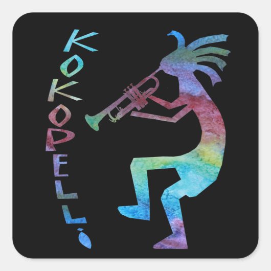 Kokopelli spielt die Trumpette Quadratischer Aufkleber (Vorderseite)