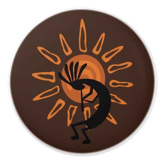 Kokopelli Sun Südwest Rustic Brown Door Knob Keramikknauf (Vorderseite)