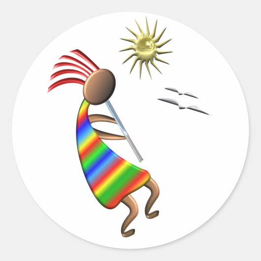 Kokopelli Sun und Vögel Runder Aufkleber (Vorderseite)