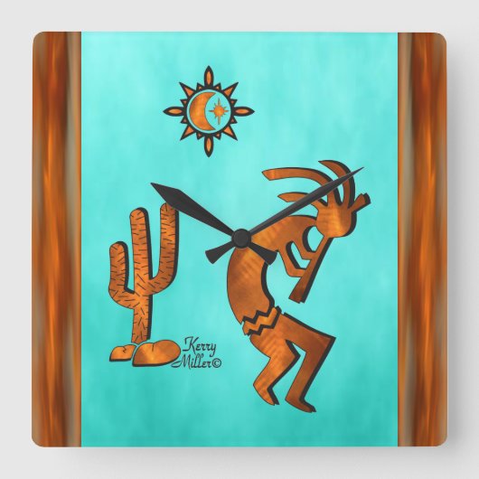 Kokopelli und Kakteen Quadratische Wanduhr (Vorderseite)