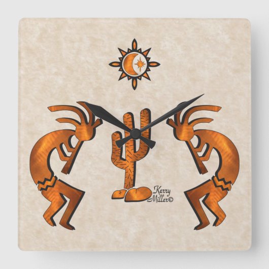 Kokopelli und Kakteen Quadratische Wanduhr (Vorderseite)