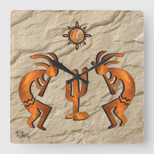 Kokopelli- und Kakteen-Square-Wall-Uhr Quadratische Wanduhr (Vorderseite)