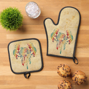 Kokopelli-Wal-Traumfänger der Native Americans 1 Ofenhandschuh & Topflappen-Set