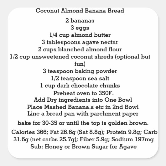 Kokosnuss-Mandelbanane Brot glutenfrei Quadratischer Aufkleber (Vorderseite)