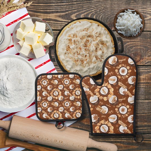 Kokosnüsse und Gewürze braun Ofenhandschuh & Topflappen-Set